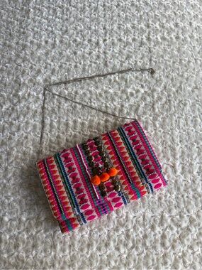 New Charade Handwoven Pink Multicolor Pom-Pom Crossbody Clutch